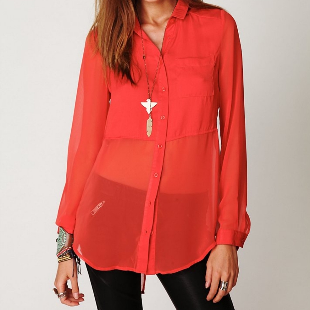 Free People Sheer Long Tunic Button Down Shirt Top